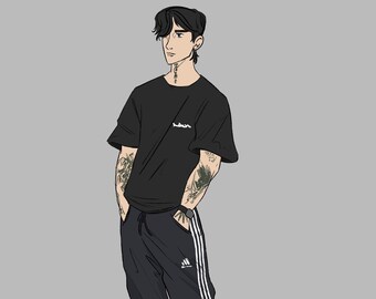 Può includere: Una persona che indossa una maglietta nera con un logo bianco, pantaloni della tuta neri con strisce bianche e scarpe da ginnastica nere e grigie. La persona ha i capelli neri e tatuaggi sulle braccia.
