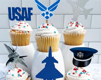 Air Force Cupcake Toppers: Glitter Planes Graduation Party Decorations