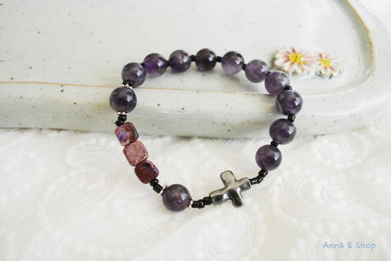 Beaded rosary gift for women Amethyst gemstone rosary bracelet with cross catholic rosary bracelet easter gifts