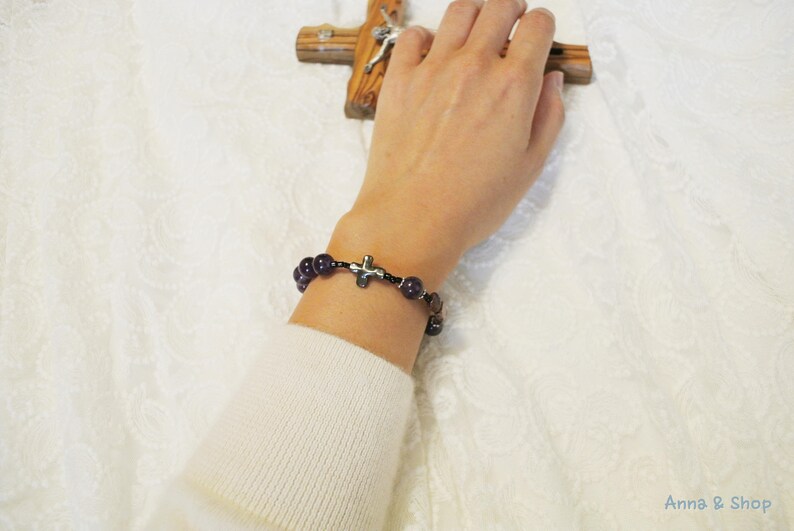 Beaded rosary gift for women Amethyst gemstone rosary bracelet with cross catholic rosary bracelet easter gifts