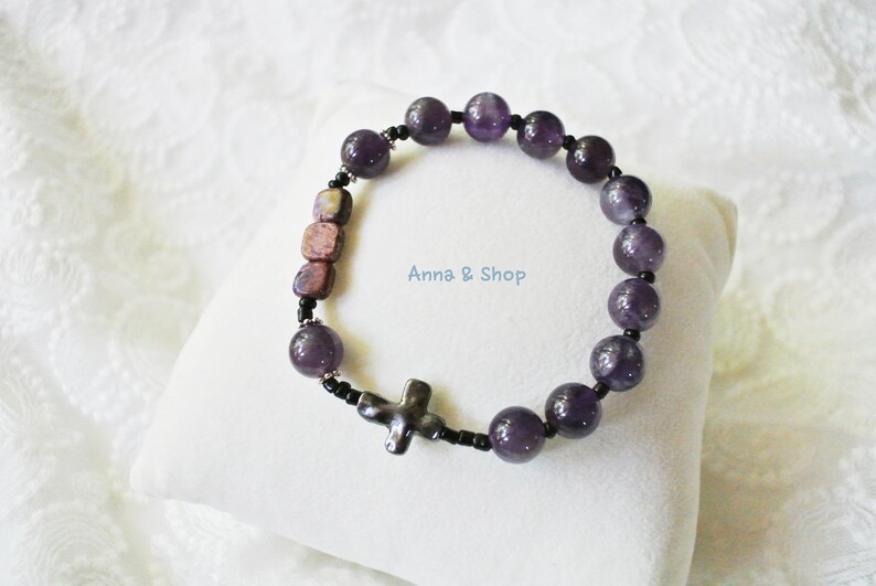 Beaded rosary gift for women Amethyst gemstone rosary bracelet with cross catholic rosary bracelet easter gifts