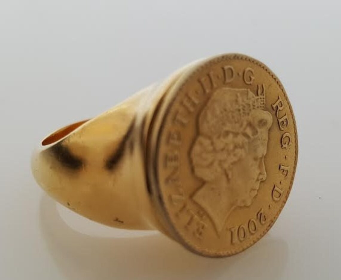 Queen Elizabeth Signet Coin Ring 14K Gold Plated Engraved | Etsy