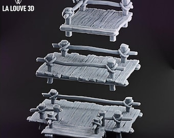 May include: Three gray miniature wooden docks with rope details. Each dock features a textured wooden surface and is supported by small posts. The docks are connected by rope railings and knots. The logo "LA LOUVE 3D" is in the upper left corner.