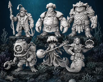 May include: A collection of six grey fantasy miniature figurines with an underwater theme, including a pirate with a spear, a chef with crab claws, an armored warrior, a diver with a helmet, a robed figure with a staff, and a mermaid holding a shell.