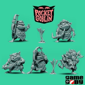 May include: A collection of gray miniature goblin figurines with bows and arrows, and a logo that says "Pocket Goblin". The figurines are on a green background. The game logo "game by" is in the bottom right corner.