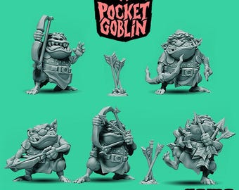 May include: A collection of gray miniature goblin figurines with bows and arrows, and a logo that says "Pocket Goblin". The figurines are on a green background. The game logo "game by" is in the bottom right corner.