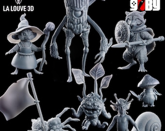 May include: A collection of gray 3D-printed fantasy figurines, including a witch mouse, a tree-like creature, a raccoon warrior, a mushroom person, a spider with a flag, a plant-like monster, and a snail-human hybrid. The logos "LA LOUVE 3D" and "game by" are visible.