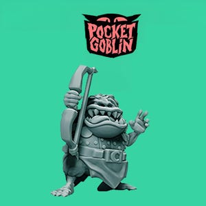 May include: A gray figurine of a goblin character holding a weapon, with a friendly gesture. The figurine has a detailed design, including armor and a toothy grin. The image includes the text "Pocket Goblin" in a stylized font.