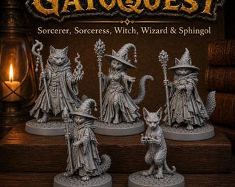 May include: A set of five gray miniature cat figurines titled GATOQUEST: Sorcerer, Sorceress, Witch, Wizard & Sphingol. The figures depict anthropomorphic cats in detailed robes and hats, holding staffs, with one hairless cat figure standing alone.