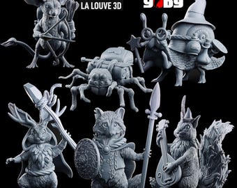 May include: A collection of gray fantasy figurines, including a mouse with a bow, a spider with a backpack, a snail with a wizard hat, a rabbit with a spear, a raccoon with a shield, and a squirrel with a lute. The figurines are set against a black background.