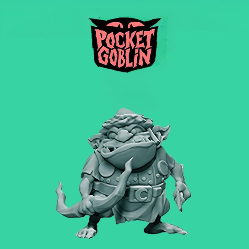 May include: A gray figurine of a goblin holding a bow, with the text "Pocket Goblin" above. The goblin is wearing armor and a hat. The background is a solid teal color.