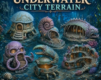 Peut inclure: Un ensemble de six bâtiments miniatures de terrain de cité sous-marine comprenant une hutte en dôme, une maison en coquille spirale, une structure de poisson squelettique, une demeure en forme de pieuvre, un bâtiment pince de crabe et des ruines.