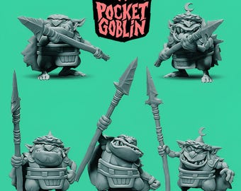 May include: A collection of gray miniature goblin figurines, each holding a spear. The figurines have exaggerated features and are posed in various stances. The "Pocket Goblin" logo is displayed above the figurines.