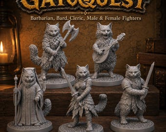 May include: A set of five grey cat-themed miniature figurines titled GATOQUEST: Barbarian, Bard, Cleric, Male & Female Fighters. The figures include a cat with an axe, a cat playing a lute, a cat in cleric robes with a staff, and two cat fighters with swords.