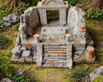 May include: A miniature stone ruin with a detailed archway, stairs, and decorative elements. The model is set in a forest environment with trees, rocks, and a small stream. The color palette includes shades of gray, brown, and green.