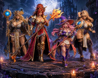 Twilight Witches - Fantasy Sorceress Miniatures | Unpainted Mage Models, DnD Display Pieces