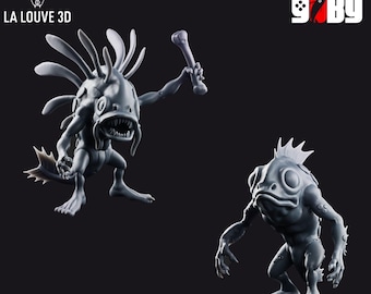 May include: Two gray 3D-printed monster figurines. One figure holds a bone, the other has a fin on its head. The figures have fish-like features and are posed on a black background. The text "LA LOUVE 3D" and "game by" are visible.