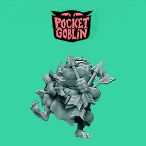 May include: A gray figurine of a goblin archer holding arrows and a bow, with a leafy cloak. The figurine is on a teal background, with the text "POCKET GOBLIN" in pink above it.