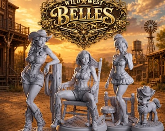 Peut inclure: Un ensemble de figurines miniatures grises représentant trois personnages en tenue western et un petit poney, tous portant des chapeaux de cow-boy. Les figurines sont présentées devant un décor de ville western avec le texte WILD WEST BELLES.