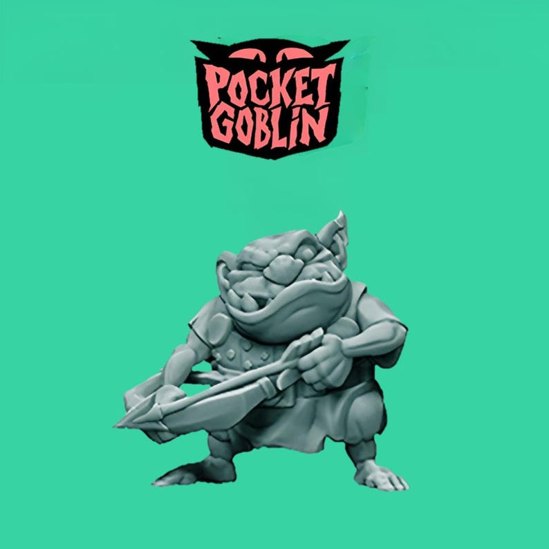 May include: A gray figurine of a goblin holding a crossbow, set against a teal background. The goblin has a stern expression and is wearing armor. Above the goblin is the text "Pocket Goblin" in a stylized font.