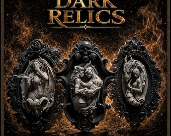 Peut inclure: Trois cadres ovales noirs présentant des sculptures en relief complexes de figures mythiques, dont un être ailé, une paire de créatures enlacées et une entité semblable à un dragon. Le texte DARK RELICS apparaît en or sur un fond enflammé.