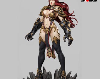 May include: A detailed statue of a female warrior with red hair and horns, wearing black and gold armor. The figure stands on a rocky base, with the "game goby" logo in the top right corner.