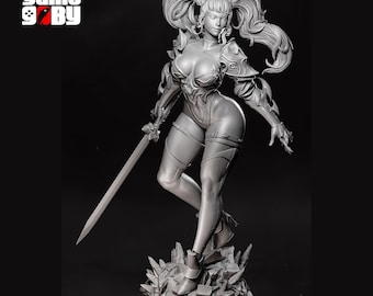 May include: A gray 3D-printed figurine of a female warrior, holding a sword and standing on a rocky base. The figurine has detailed armor and a dynamic pose. The text "game by" is in the upper left corner.