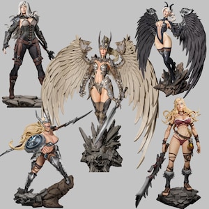 May include: A selection of fantasy figurines showing warrior women. The statues feature detailed armour, wings, and weapons. The colour palette includes silver, black, brown, and flesh tones. Each figure is posed on a rocky base.