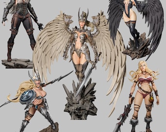 May include: A collection of fantasy figurines depicting warrior women. The statues feature detailed armor, wings, and weapons. The color palette includes silver, black, brown, and flesh tones. Each figure is posed on a rocky base.