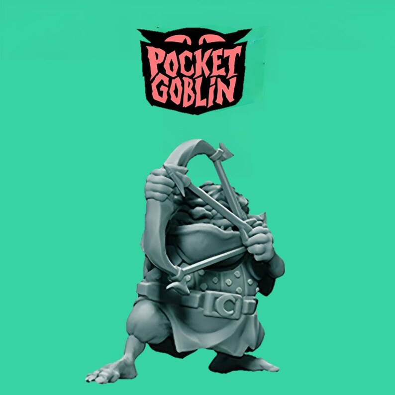 May include: A gray miniature goblin figure holding a bow and arrow, set against a teal background. The figure is detailed with armor and a belt. Above the figure is a logo that reads "Pocket Goblin" in red text.