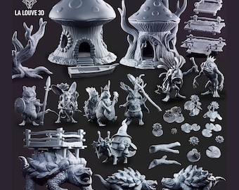May include: A collection of gray 3D-printed fantasy miniatures, including mushroom houses, woodland creatures, turtles, and bridges. The image includes the "LA LOUVE 3D" logo and the "game by" logo.