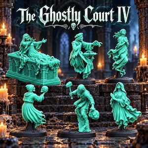 May include: A set of six mint green miniature figurines titled The Ghostly Court IV, featuring spectral figures including a person on a tomb, a figure holding a skull, and a character with a hammer, all displayed on dark circular bases.