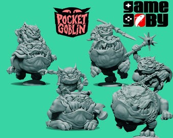 May include: A collection of gray, 3D-printed goblin figurines in various poses, some holding weapons. The figures have exaggerated features and are on a teal background. The text "Pocket Goblin" and "game goby" are in the upper right.