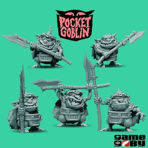 Puede incluir: Una colección de figuras de duendes grises en miniatura, cada una sosteniendo un arma como un hacha o una lanza. Las figuras están posando en varias posturas sobre un fondo verde azulado, con el texto "POCKET GOBLIN" encima.