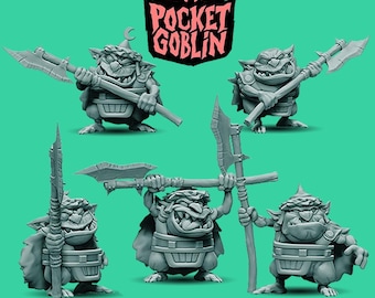 May include: A collection of gray miniature goblin figurines, each holding a weapon such as an axe or spear. The figures are posed in various stances against a teal background, with the text "POCKET GOBLIN" above them.