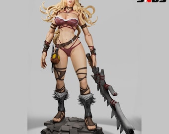 May include: A detailed figurine of a female warrior with long blonde hair, wearing a maroon bikini, and holding a large sword. The figure stands on a stone base, with the "game go by" logo in the top right corner.