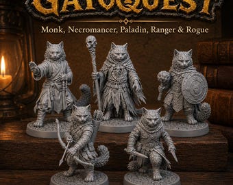 May include: A set of five grey cat-themed fantasy miniatures titled GATOQUEST: Monk, Necromancer, Paladin, Ranger & Rogue. The figures include a monk, a necromancer with a skull staff, a paladin with a shield, a ranger with a bow, and a rogue with daggers.