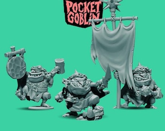 May include: Three gray goblin figurines with exaggerated features and weapons. One holds a sign, another a hammer, and the third a flag. The Pocket Goblin logo is in the upper left corner, with a red and black color scheme.