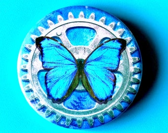 Lies of P Pin Badge: Blue Butterfly, Gear Cog, vintage background