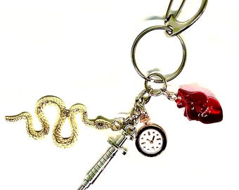 Pathologic Bachelor Daniil Dankovsky Inspired Keychain: Anatomical Heart, Gold Snake, Clock and Syringe Charms