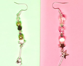 Wicked Musical Elphaba and Glinda Inspired Earrings In Green and Pink With Silver Accents