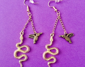Hunger Games Inspired Bird and Snake Gold Color Earrings