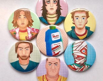 Mouthwashing Game Inspired Tulpar Crew Pin 58mm Button Badges Choice of Curly Daisuke Anya Swansea Jimmy and Mouthwash Bottle