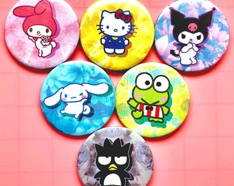 Sanrio Inspired Floral Kawaii 70mm Button Pin Badges Of Hello Kitty My Melody Kuromi Cinnamoroll Keroppi and Badtz Maru