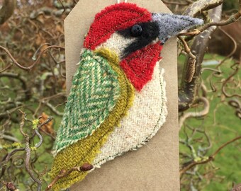 Ed the Green Woodpecker Bird Brooch/ Pin. Handmade from tweed.  Christmas present// stocking filler// secret Santa