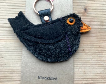 Handmade tweed Jack Blackbird Keyring/ keychain. Backed with vintage leather. Christmas present// stocking filler// secret Santa