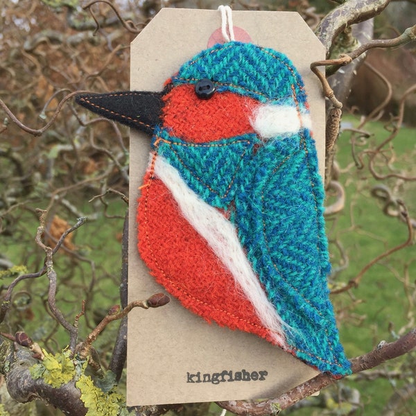 Kitty Kingfisher Brooch/ Pin. Handmade from Harris & Yorkshire Tweed.  Christmas present// stocking filler// secret Santa