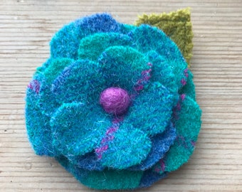 Blue, Teal & pink Harris Tweed Flower brooch/ pin. handmade from Harris tweed with embroidered leaf.  Christmas present// stocking filler//