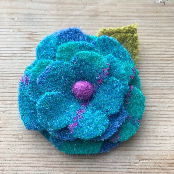 Blue, Teal & pink Harris Tweed Flower brooch/ pin. handmade from Harris tweed with embroidered leaf.  Christmas present// stocking filler//