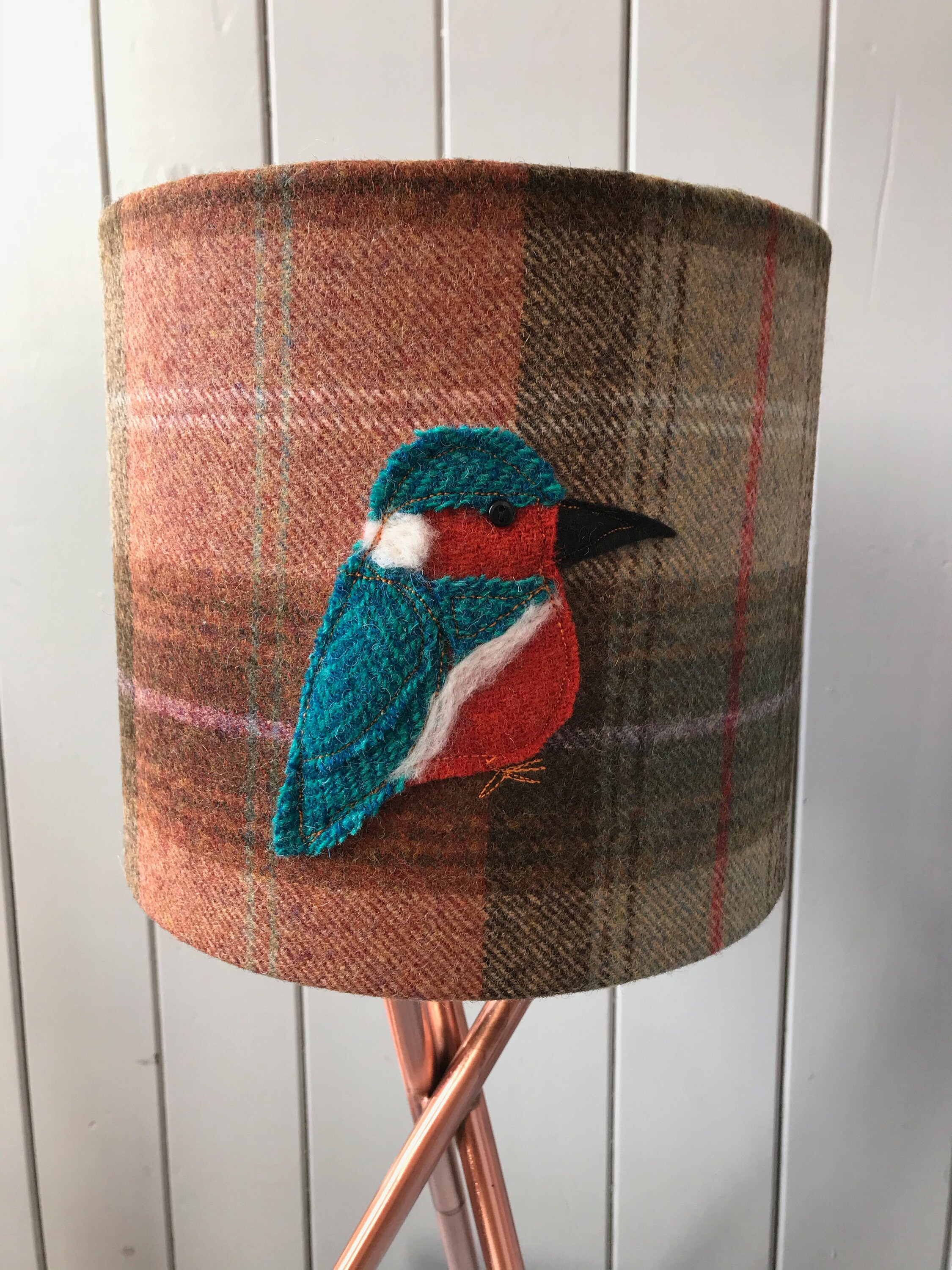 Harris tweed Kingfisher 20cm drum Lampshade. Covered with Yorkshire pure wool upholstery fabric in turquoise and tan. Interior design